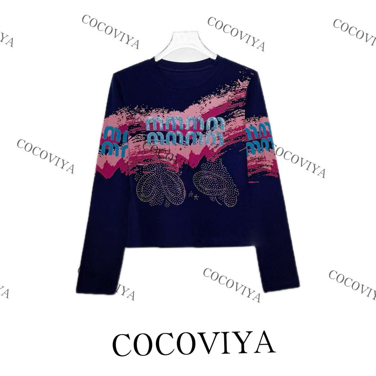 【XY】COCOVIYA涂鸦风字母烫钻蝴蝶设计时尚修身长袖上衣26C-289