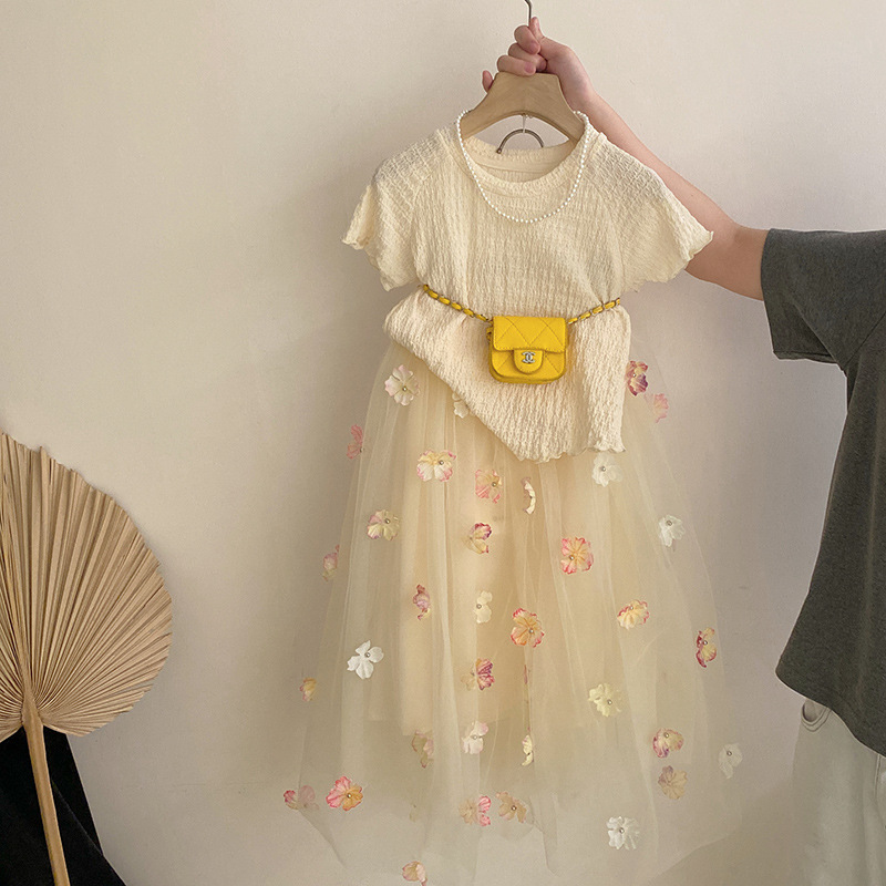 R25283女童夏季新款纯色百搭短袖可爱洋气花朵网纱半身裙两件套