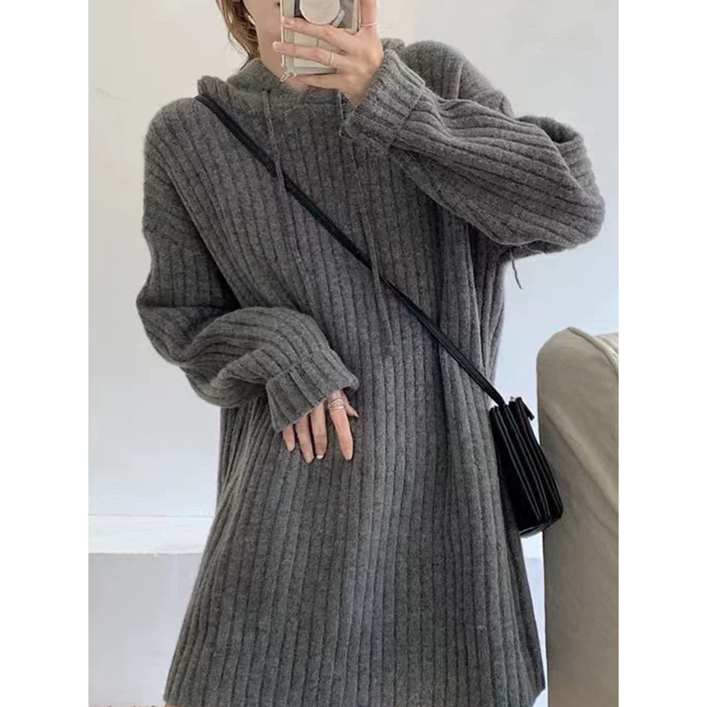 中长款连帽羊毛衫女秋冬新款卫衣慵懒宽松针织打底连衣裙加厚毛衣