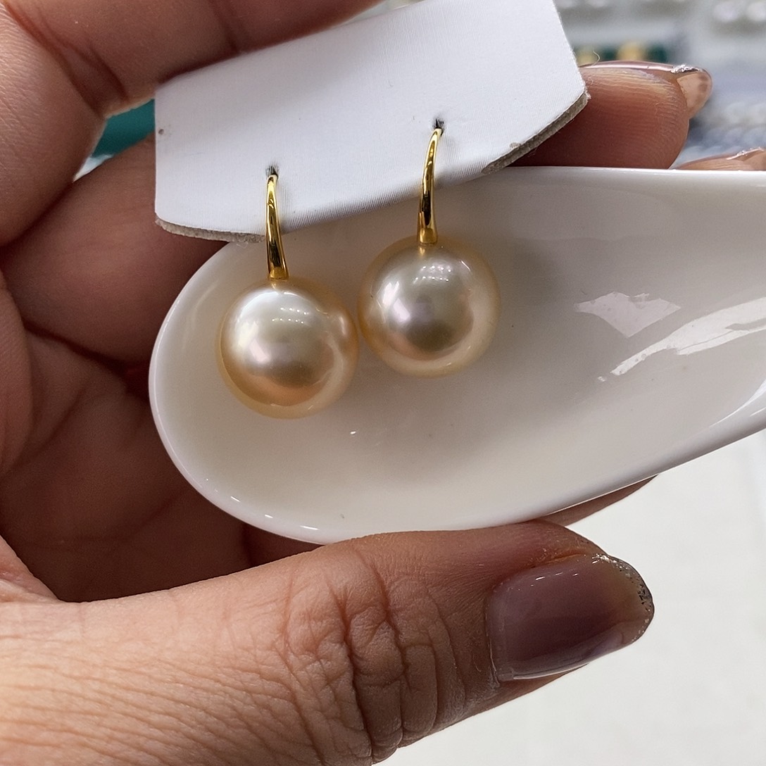 海水珍珠耳饰18K金镶嵌南洋干枯金珠13-14m m