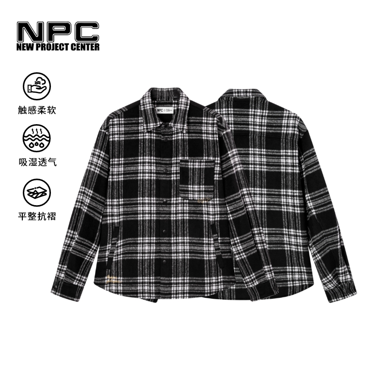 NPC潮牌复古爱心刺绣磨毛黑白格纹衬衫男宽松衬衫外套NP4CSH23