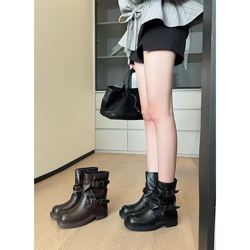 秋冬新款加绒裤管靴皮带扣短靴女