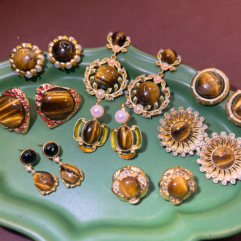 铜合金耳饰 美拉德虎眼系列耳钉 vintage高级感百搭精致S925镀真