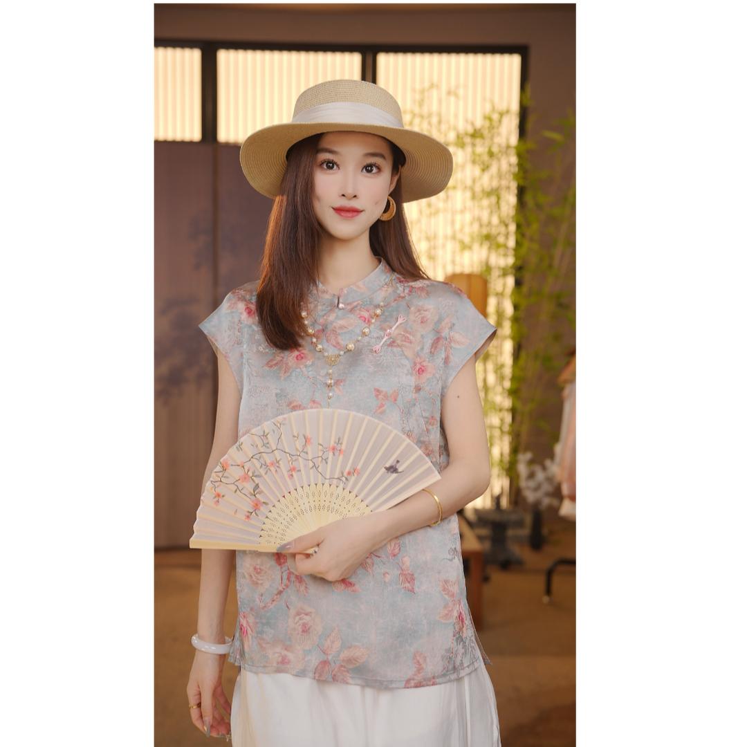 CS【蓝灵】新中式2025夏季气质百搭提花立领短袖上衣女