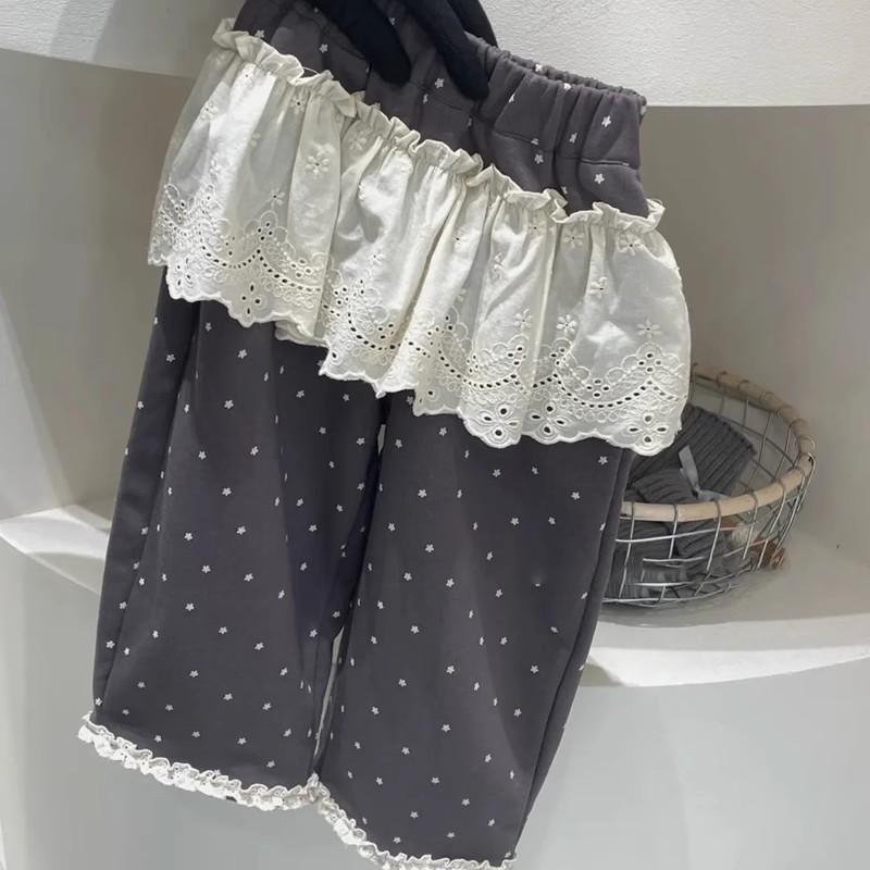 韩国春装可爱百搭皮帘束脚裤25新款公主风星星碎花蕾丝木耳边长裤