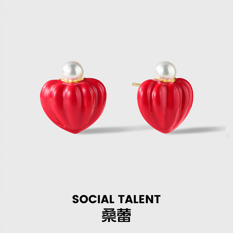 合金珐琅耳饰 【香遇】桑蕾耳钉红色可爱气质复古甜美法式圣诞ins