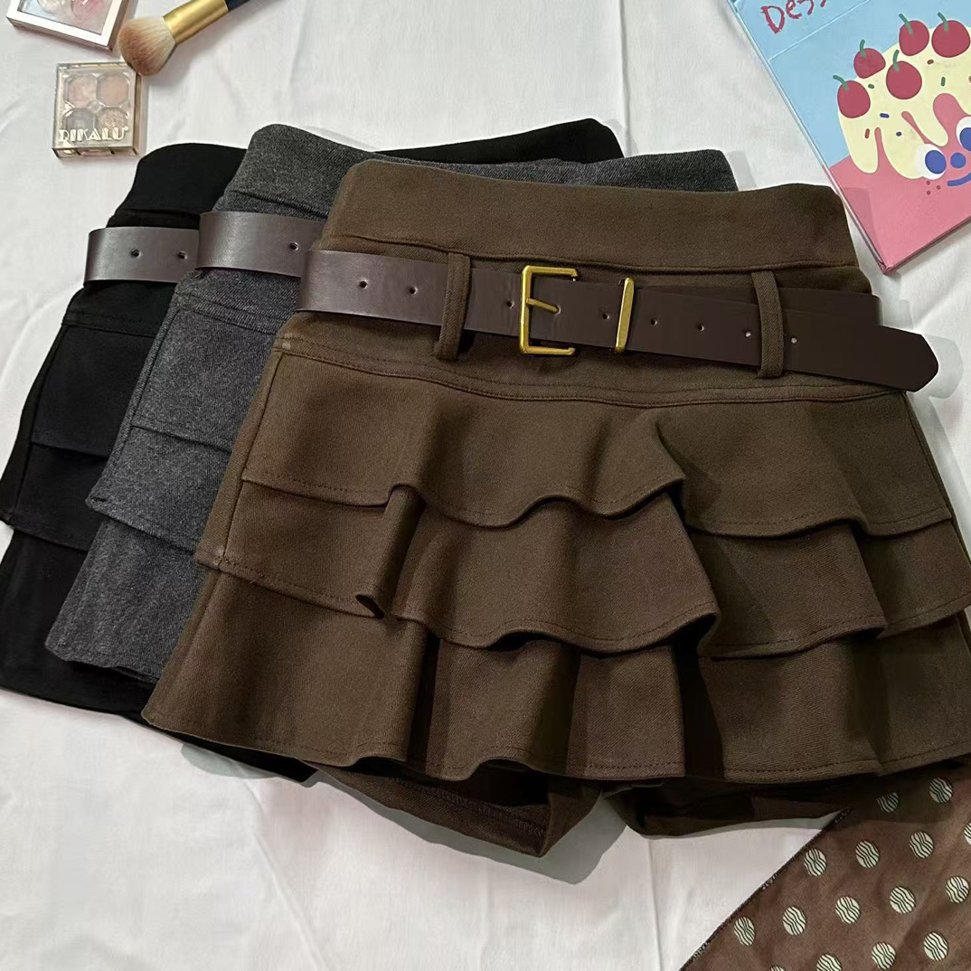 毛呢加厚秋冬设计感时尚高腰显瘦咖色荷叶边A字蛋糕半身短裙女