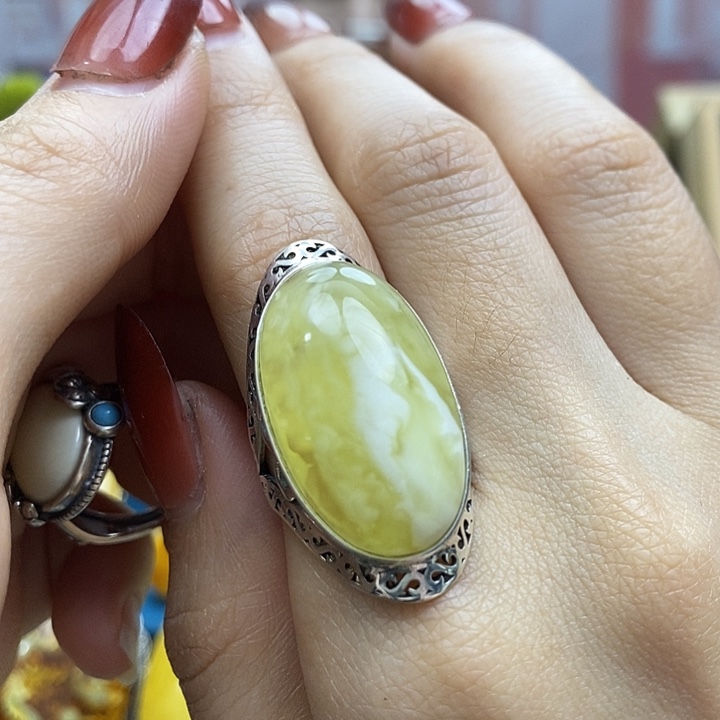 琥珀戒指银S925镶嵌戒指