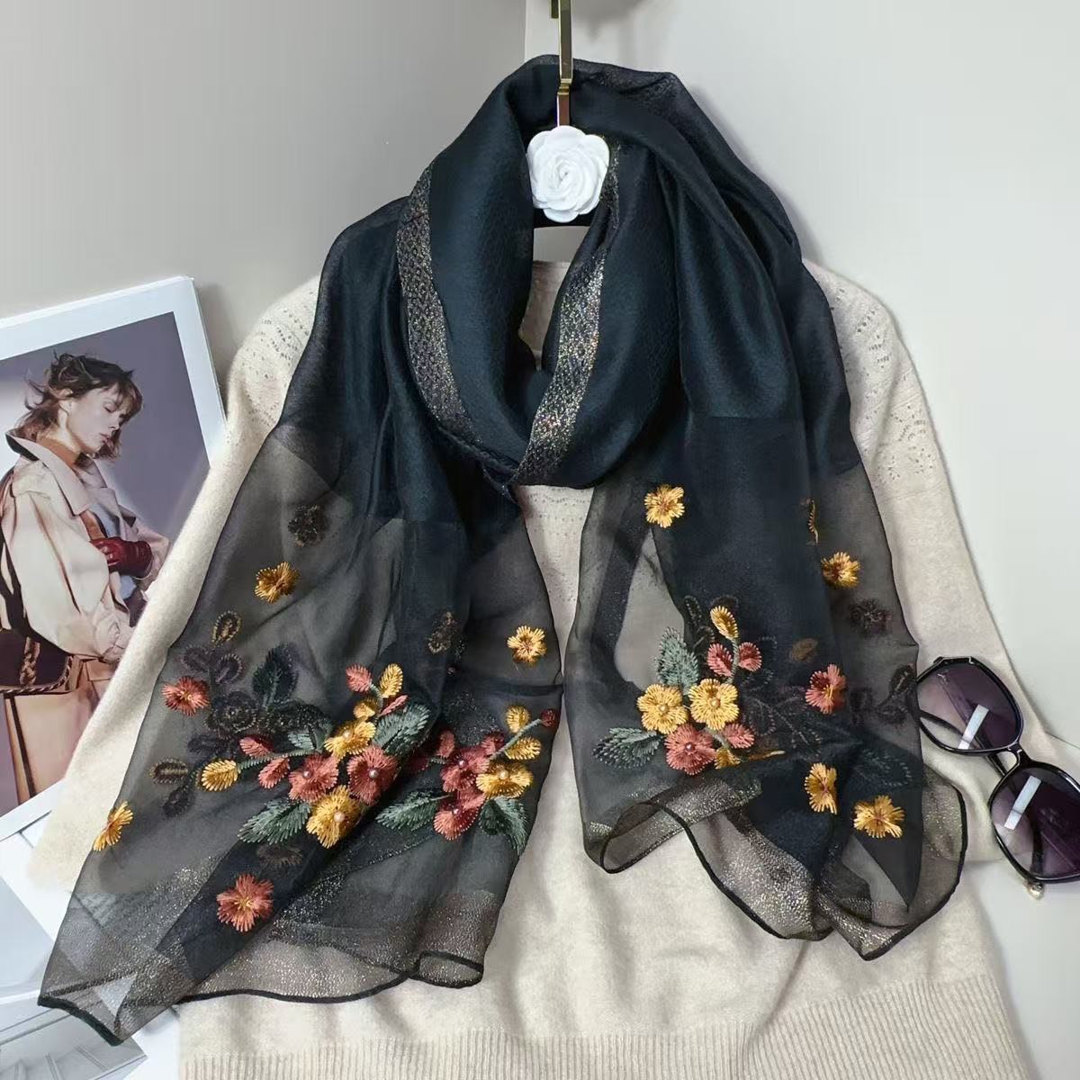 N366【海棠花】180*70黑色刺绣款左右围巾长巾