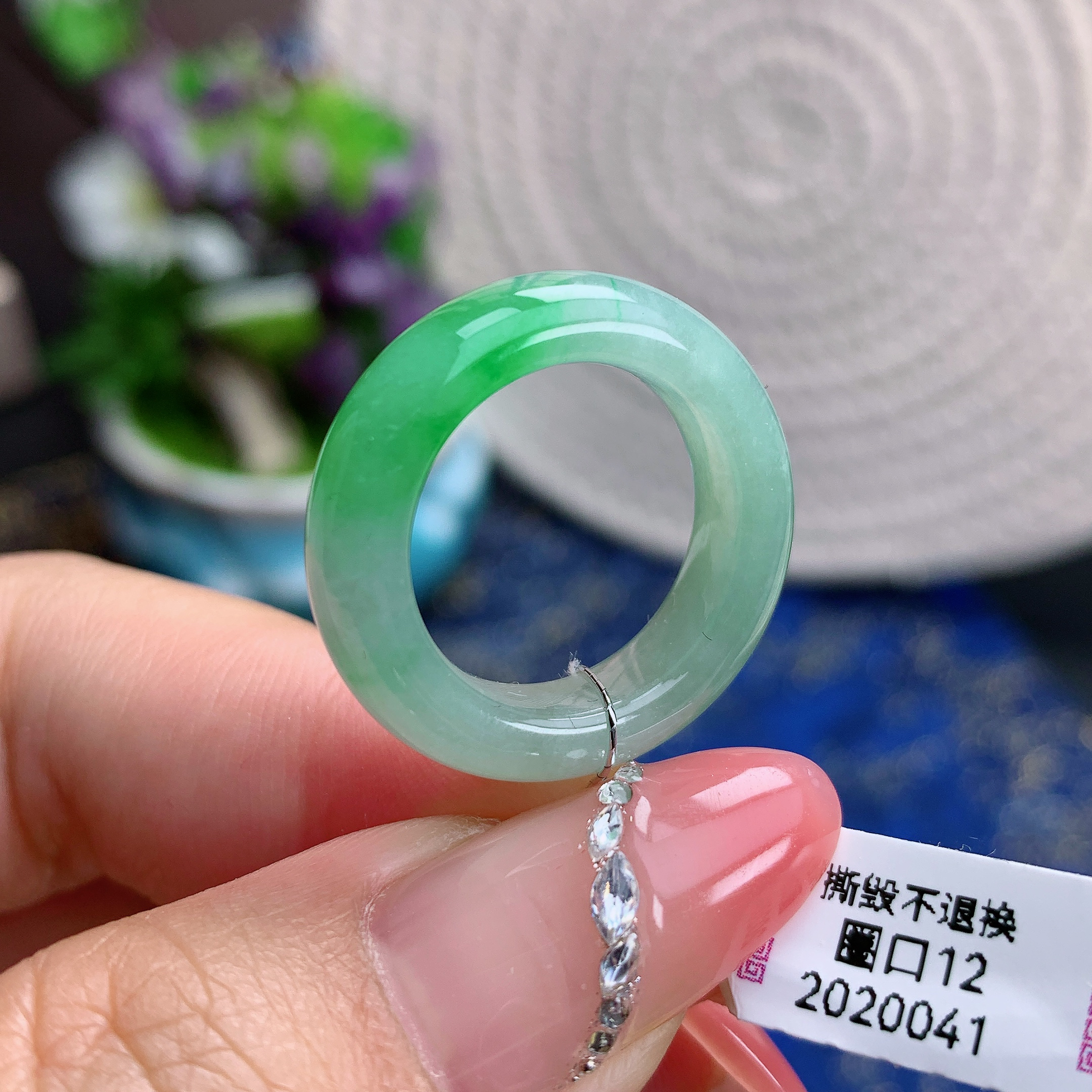 12号缅甸天然翡翠A货戒圈 冰糯种飘绿戒指 16.5×6×4.1mm