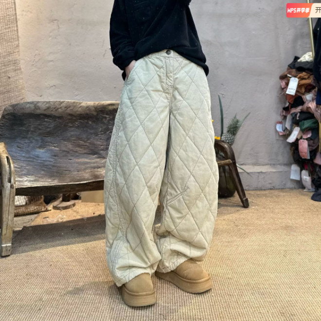 241132忆古朴拙冬季纯棉切格宽松棉裤复古百搭条绒夹棉保暖直筒裤