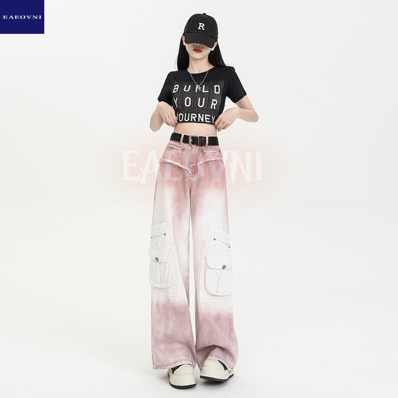 美式工装牛仔裤女2025春季高腰宽松扎染设计感显瘦阔腿拖地裤208