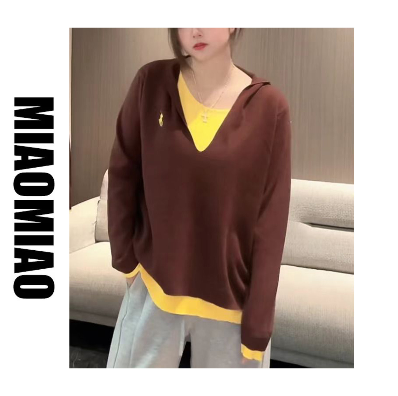 【大码】秋冬连帽拼色假两件毛衣百搭时尚长袖气质显瘦秋7302