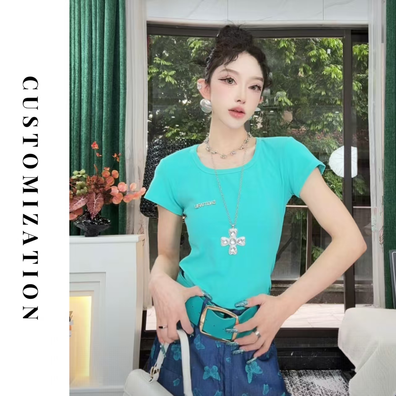 2025夏短袖T恤圆领纯色百搭透气短款上衣8886