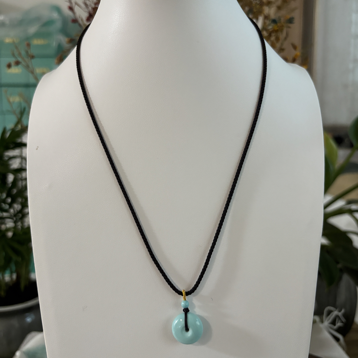 368｜天然绿松石天空蓝平安扣未镶嵌抽拉款项链，尺寸约14×7mm