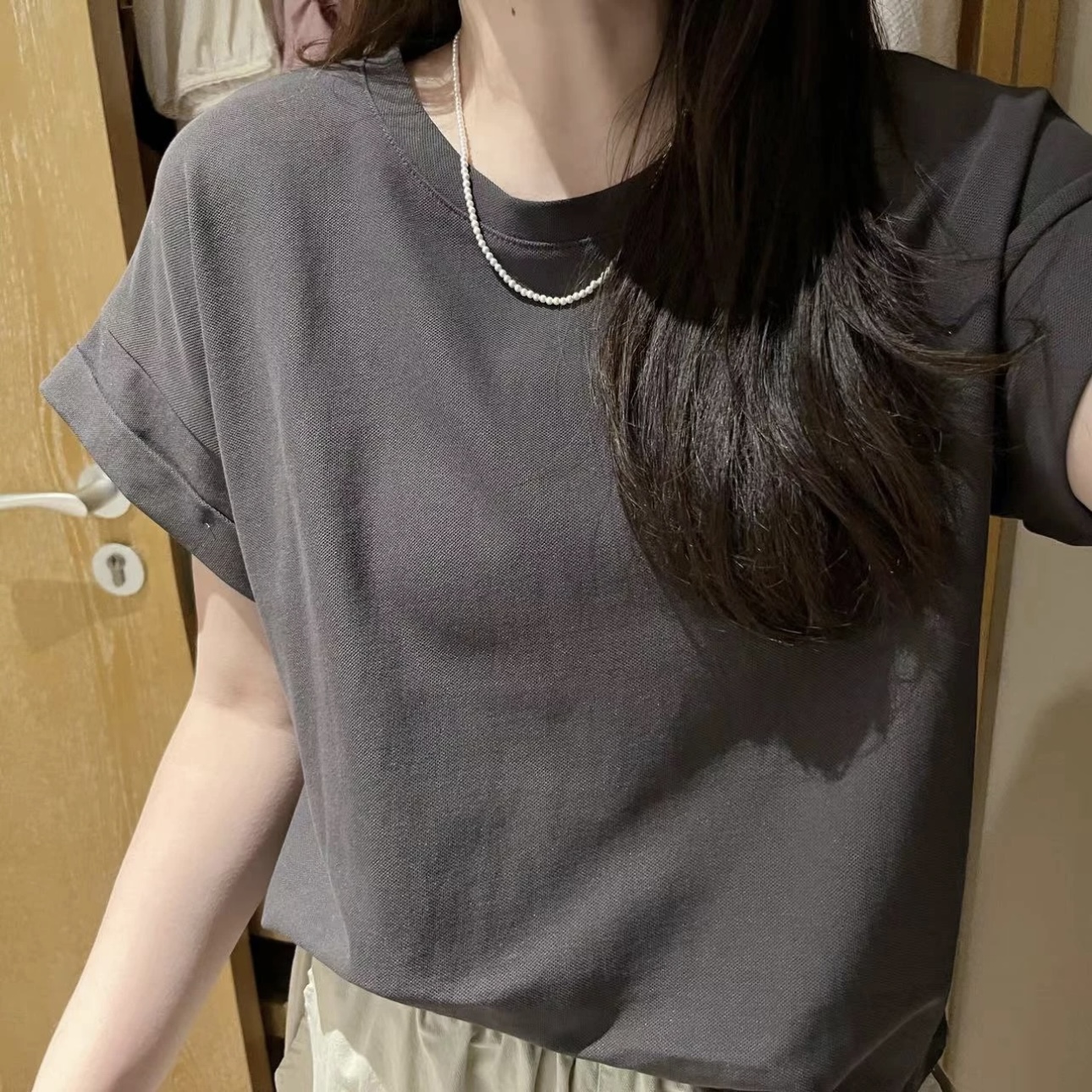 灰色小飞袖正肩短袖t恤女2025新款夏季韩系百搭遮肚显瘦宽松上衣