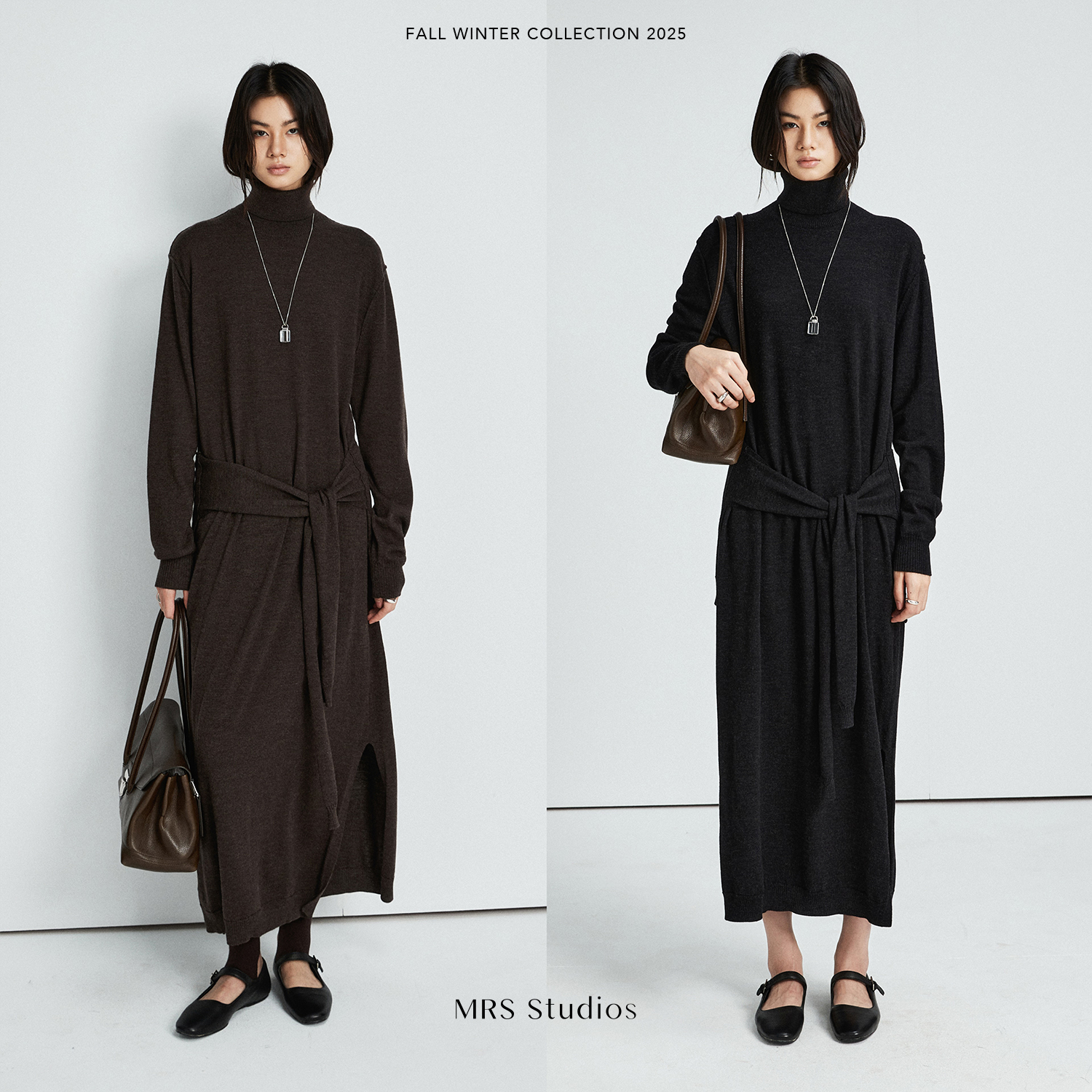 MRS Studios 德国扬子Biella羊毛腰间系带开叉高领直身针织连衣裙