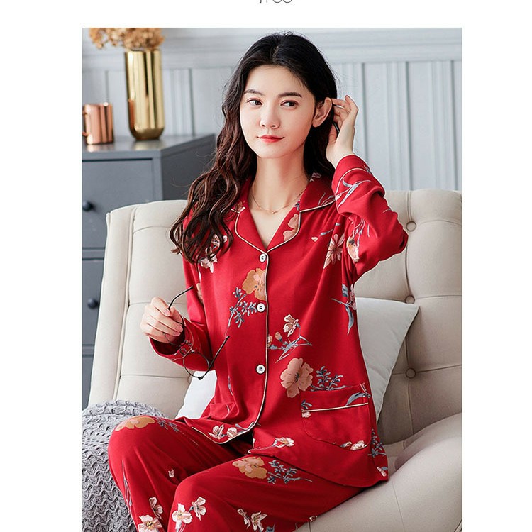 女士春秋季长袖纯棉花卉睡衣套装中老年妈妈家居服