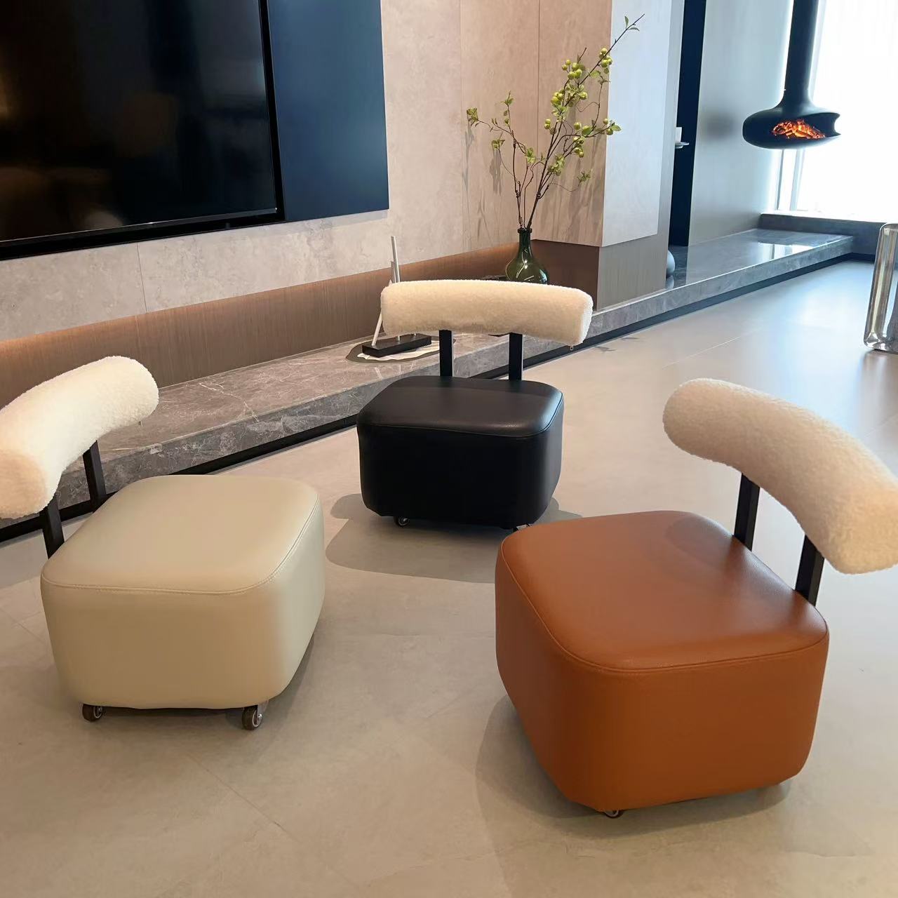 （春哥严选）复古轻奢风生态皮溜溜凳换鞋凳万能客厅沙发凳旋转静音