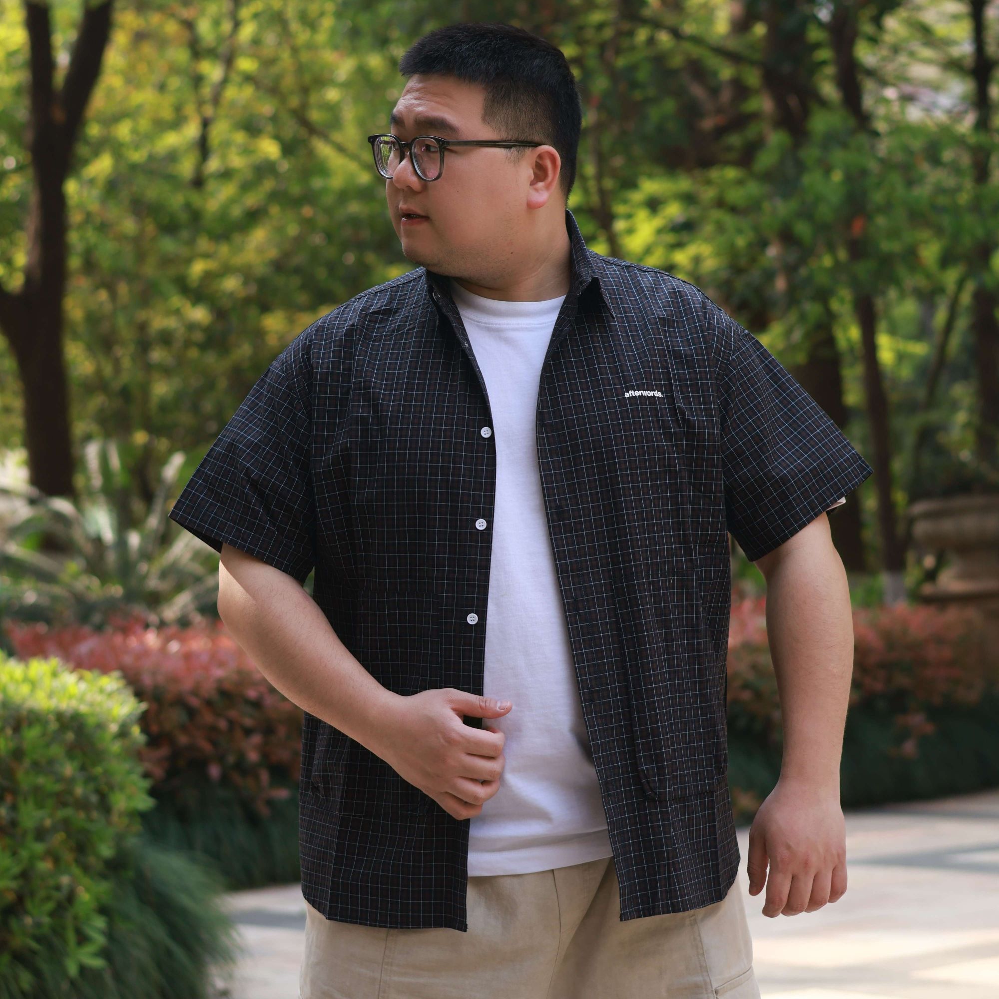 2025夏季新款男装日系原创宽松格子休闲复古做旧短袖衬衫衬衣男士