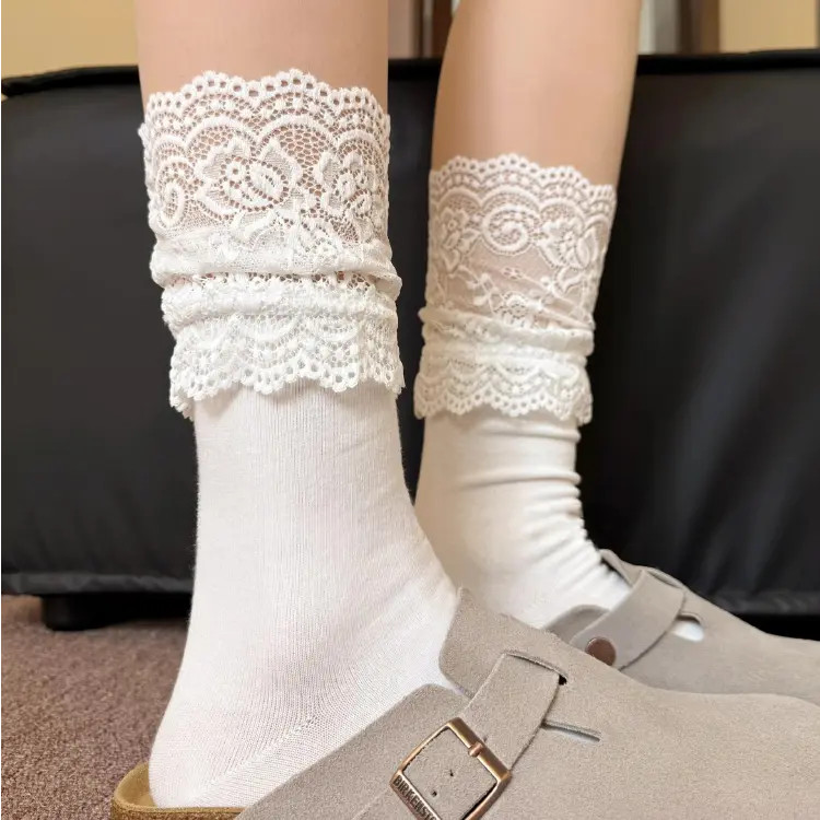 秋季新款拼接蕾丝袜百搭白色中筒袜甜美少女芭蕾风堆堆袜