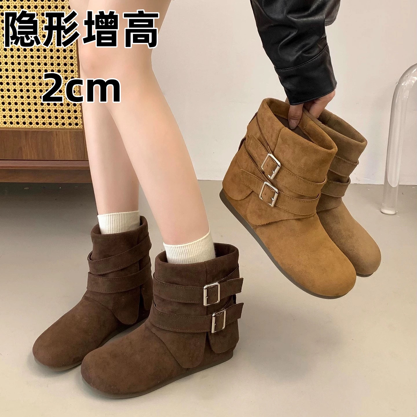 磨砂皮秋季圆头平跟马丁靴勃肯靴镂空胶粘中筒靴155