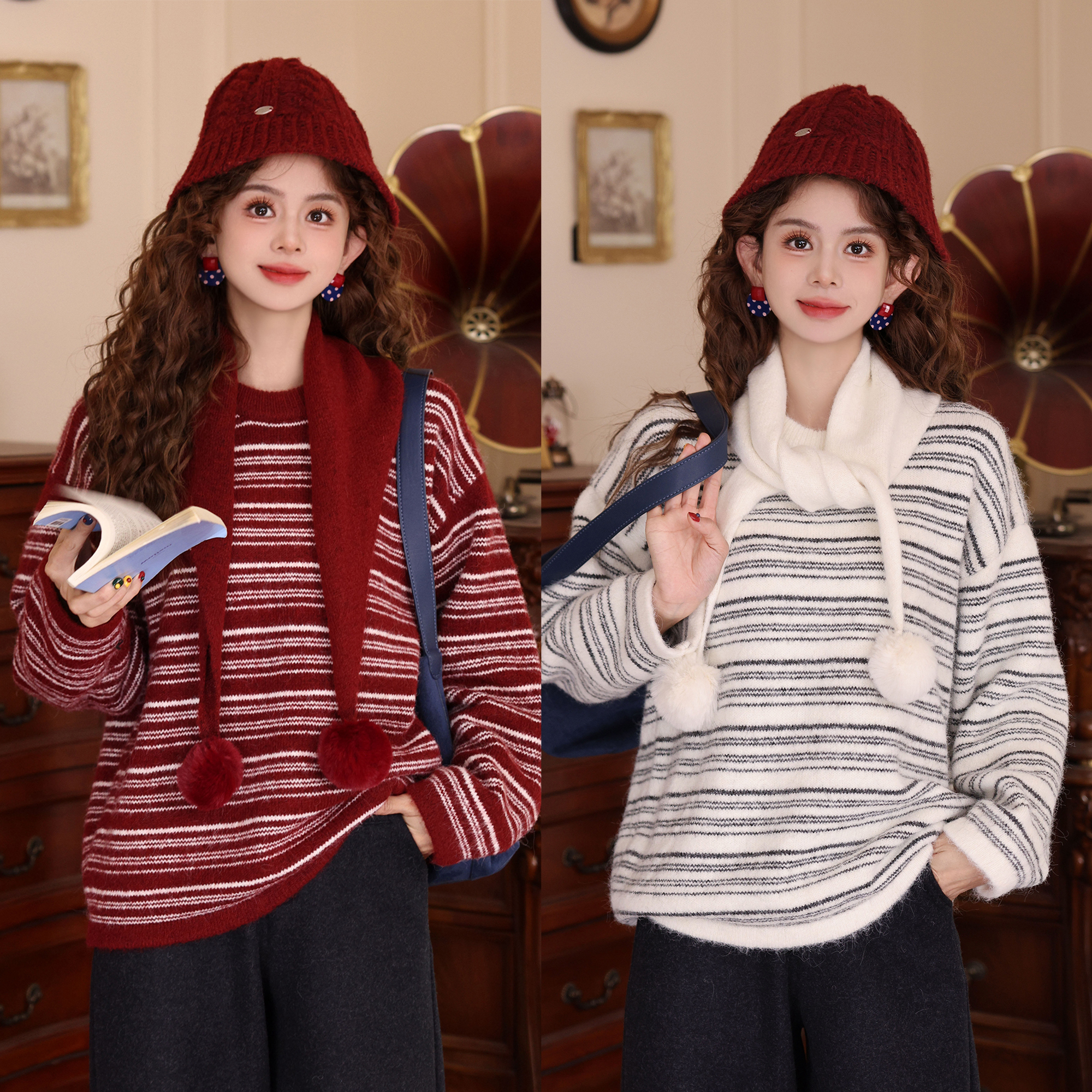 陈大器【瓶中岁寒​】港风复古条纹披肩套头针织百搭毛衣JM2477840