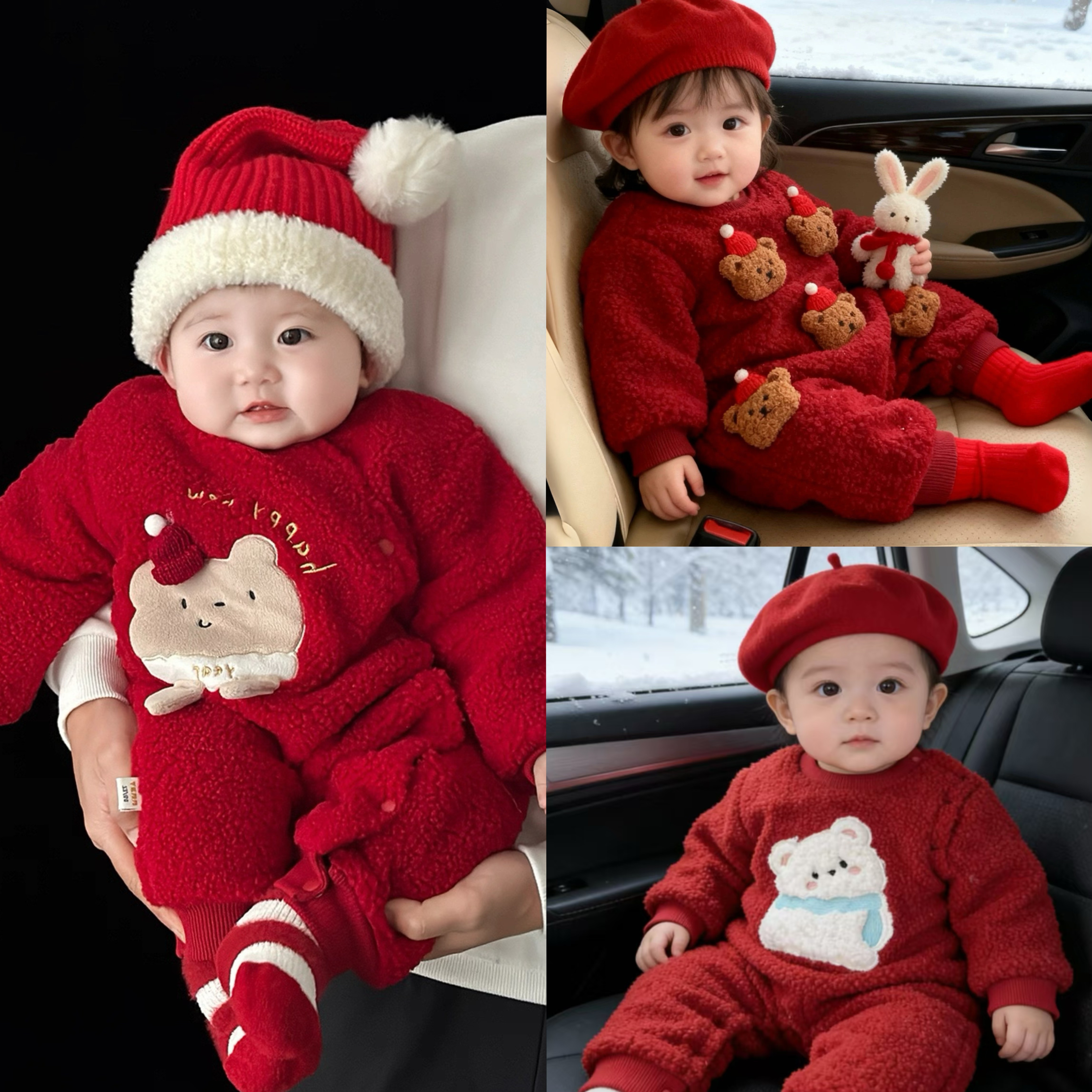 婴幼儿宝宝可爱红熊绒禧棉哈衣