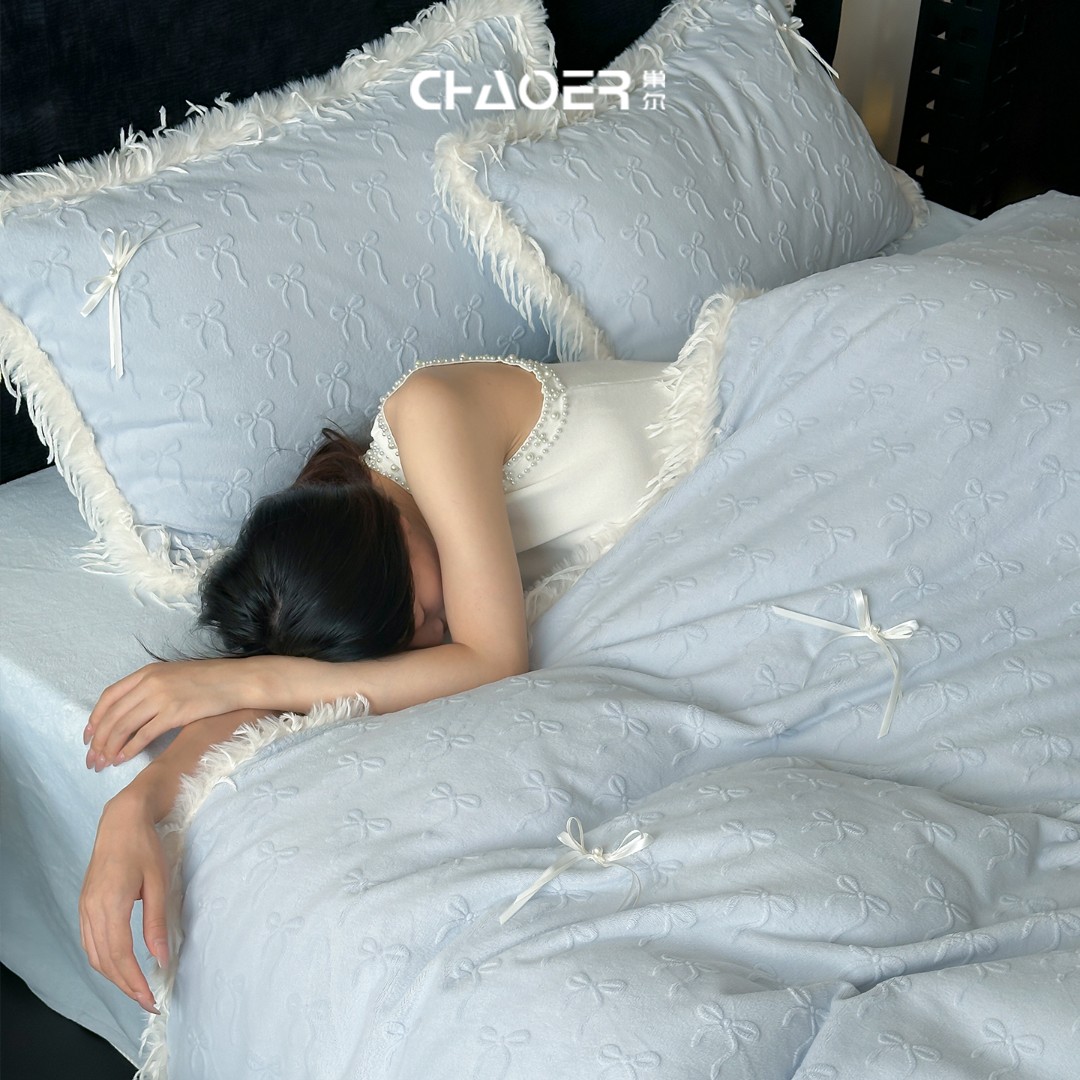 巢尔【维密】简约牛奶绒四件套蝴蝶结被罩加绒加厚床单冬季保暖抗寒