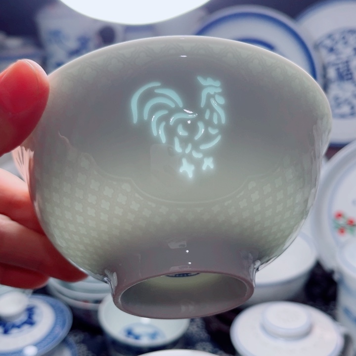 青花玲珑5寸饭碗三星。鸡