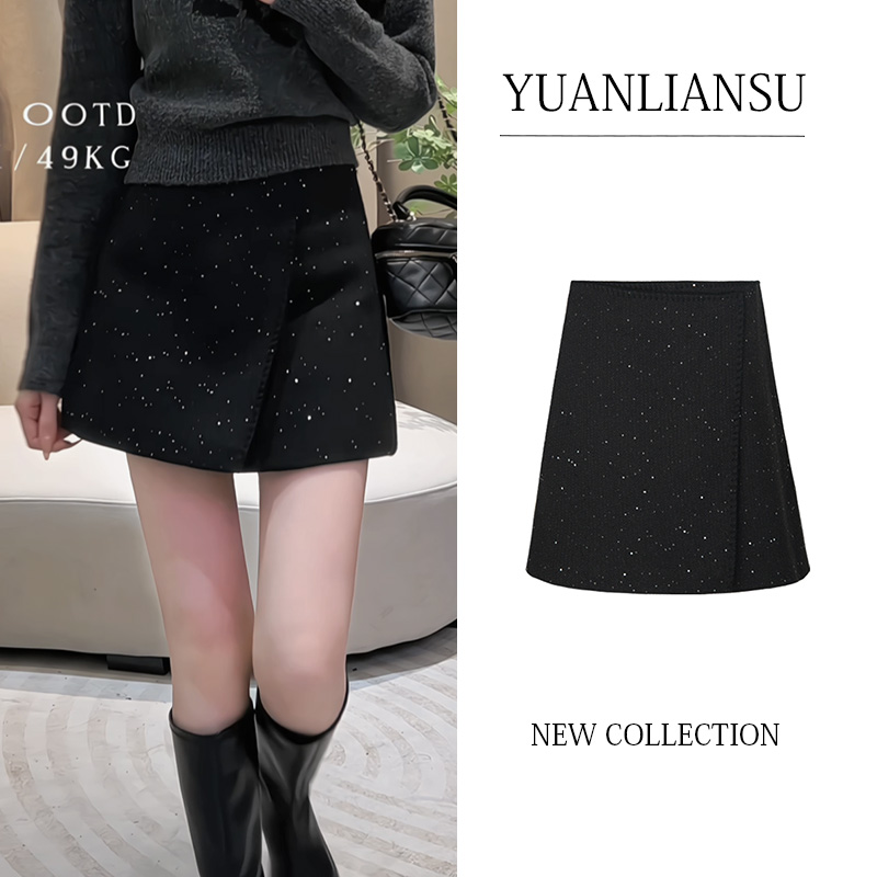 YUANLIANSU/圆脸酥【绮月花歌】秋冬小香风时尚百搭黑色亮片半身裙