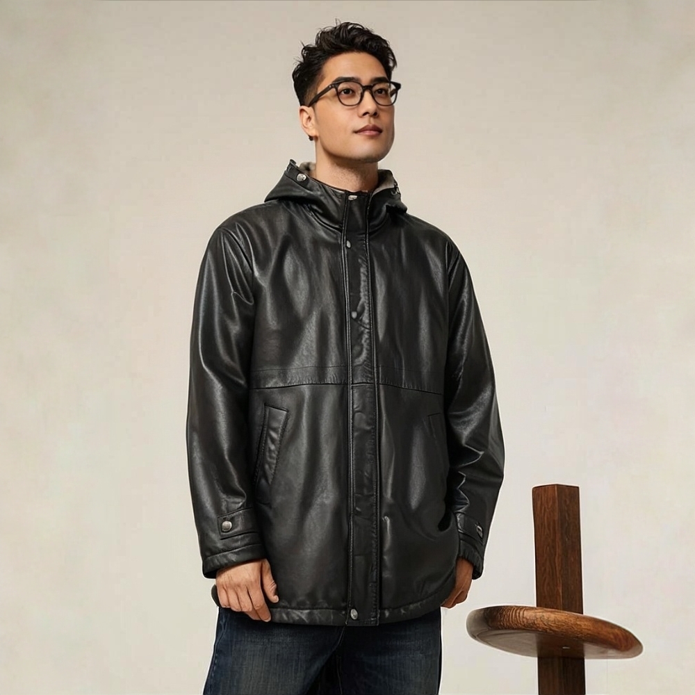 012中长款连帽保暖厚款男款秋冬外套黑色时尚休闲真皮