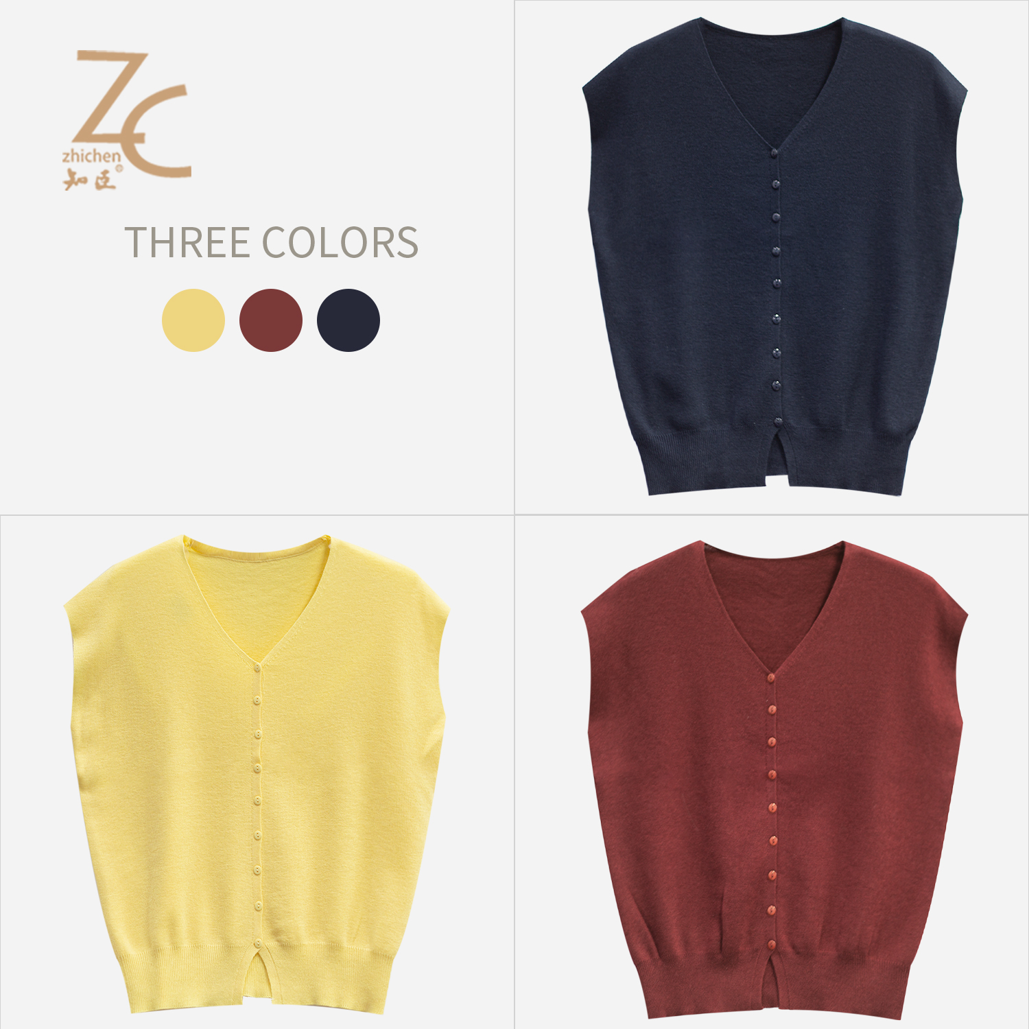 知臣早秋新品 多色休闲百搭V领针织短袖上衣女 T25653008