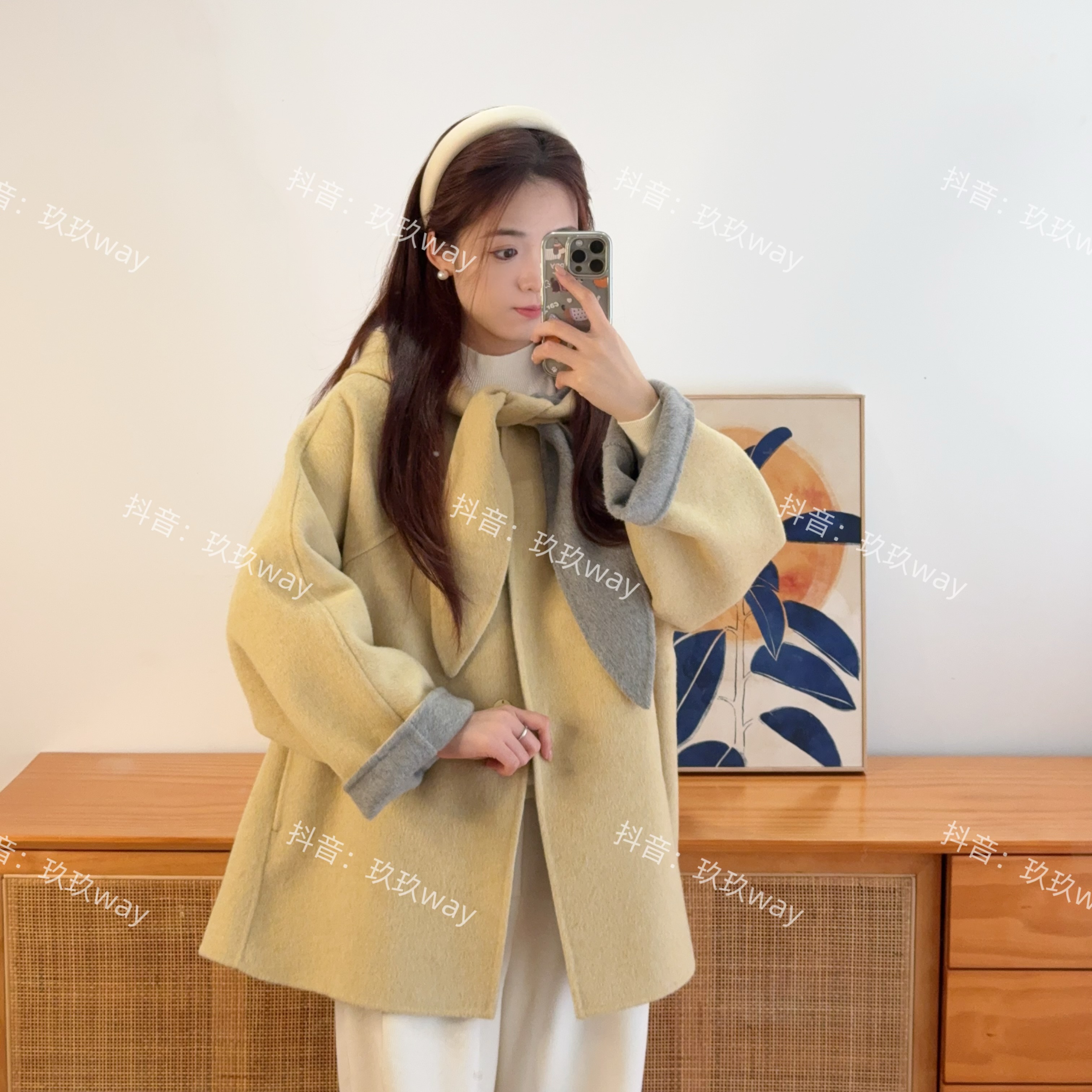 可爱兔耳朵 阔版双面呢大衣外套女 中长款