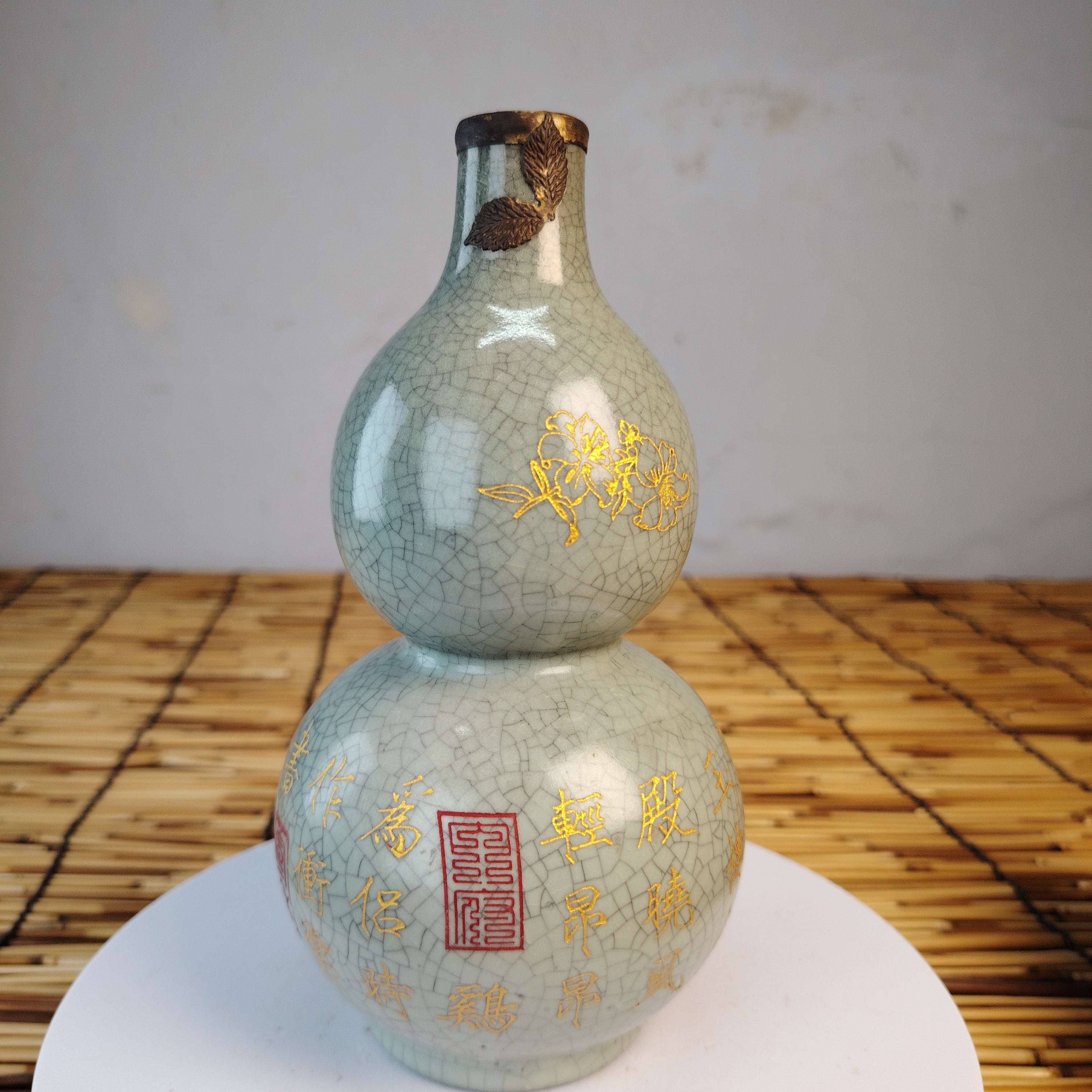 汝瓷描金包铜口老工艺古玩收藏 葫芦福禄瓶