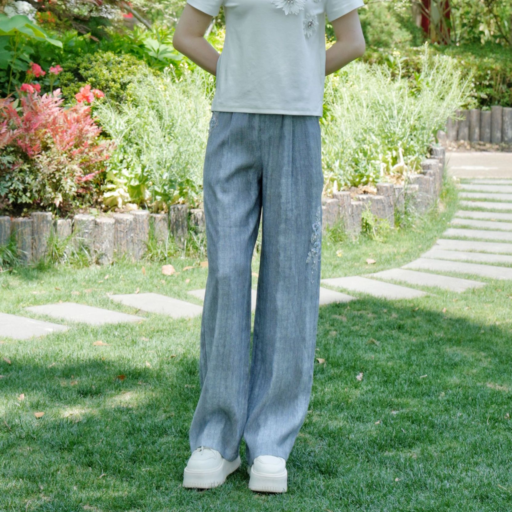 Pink Mary/粉红玛琍时尚长裤百搭宽松高腰直筒显瘦垂感TMAOS2311