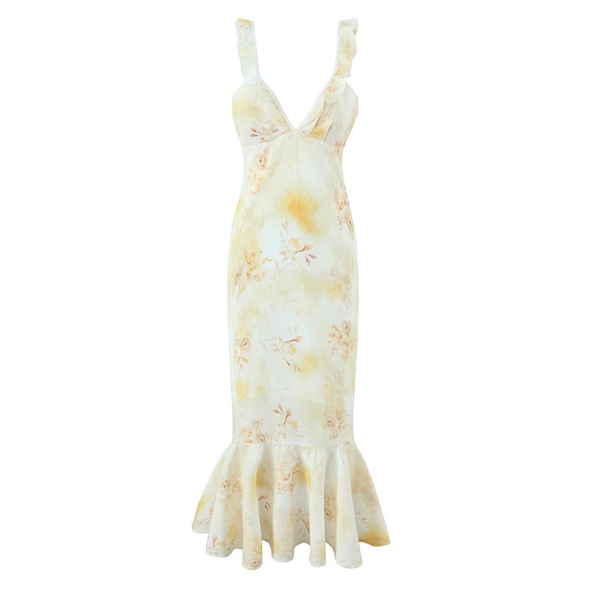 法式复古度假款清新绑带V领吊带鱼尾裙 夏日新品荷叶边印花连衣裙