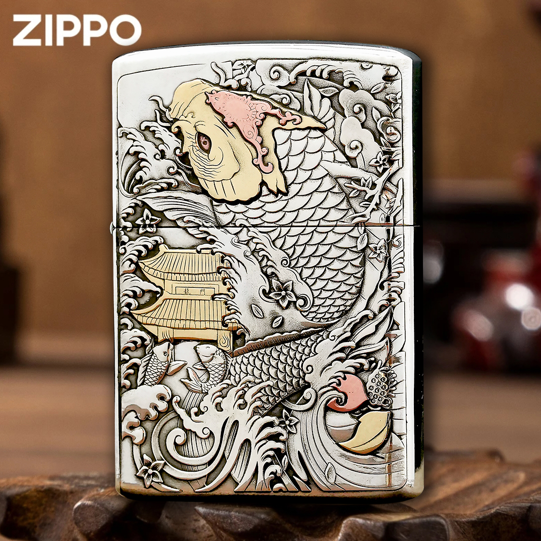 Zippo打火机正品/白铜套壳重甲鱼跃龙门浮雕DYJ1