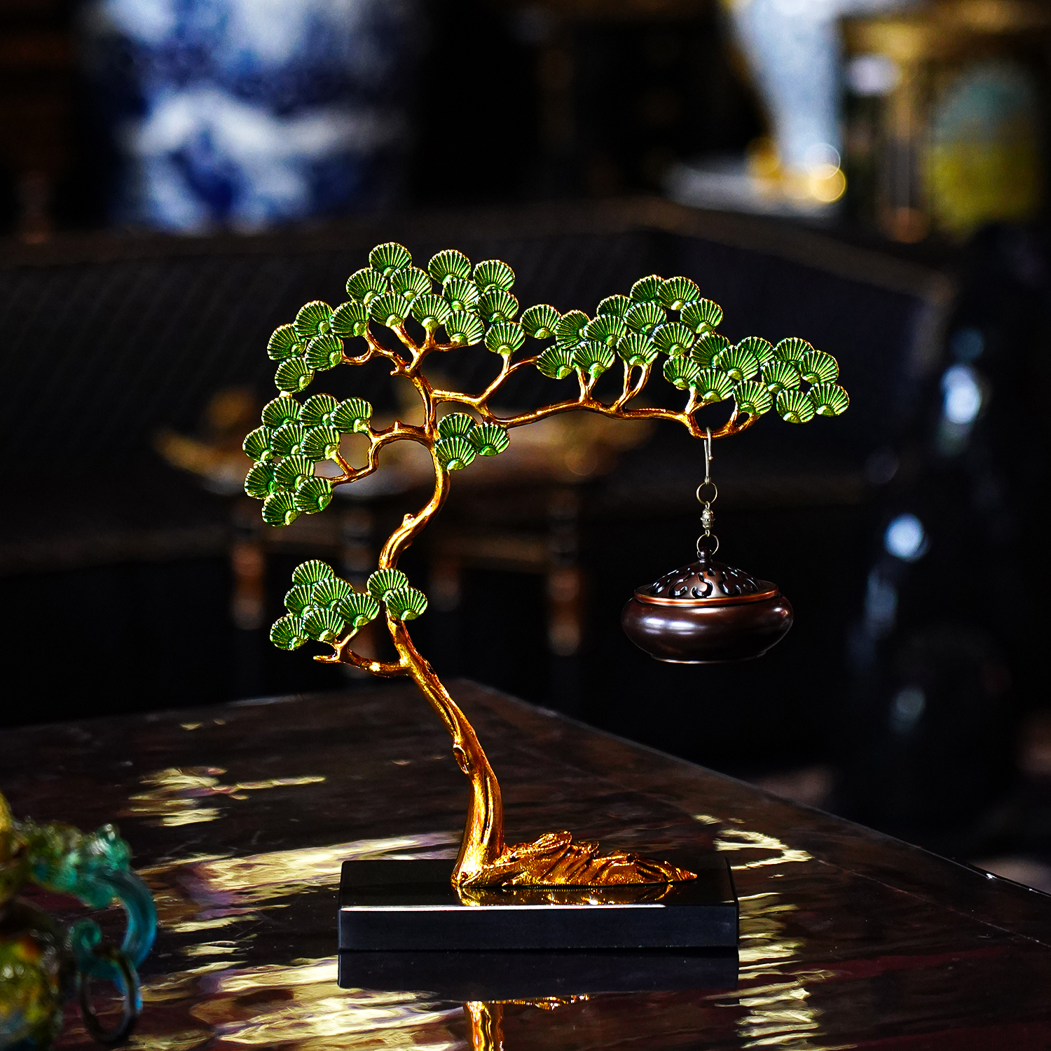 【本尼家】RX01新中式禅意摆设珐琅彩迎客松吊式香炉玄关装饰摆件