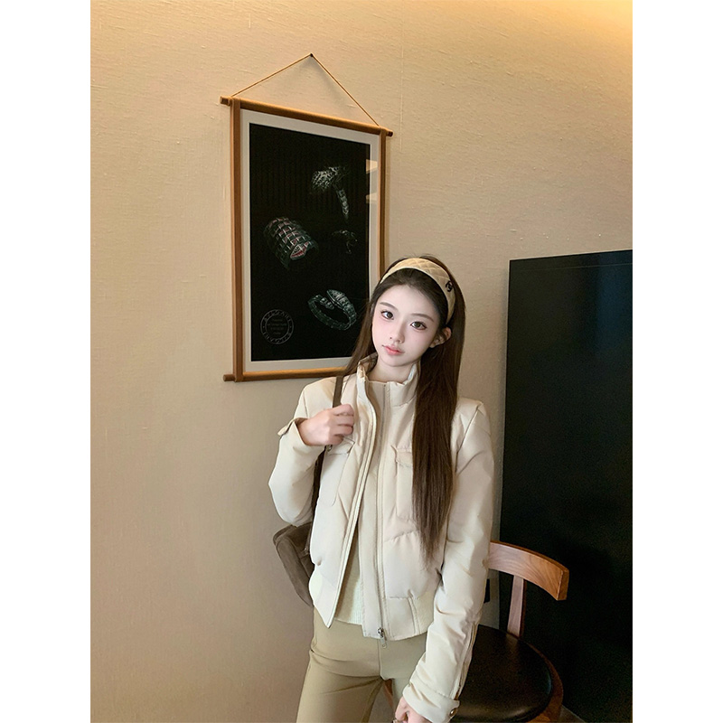 韩系立领卡其色棉服女2025冬季短款修身收腰防风保暖涂层机车外套