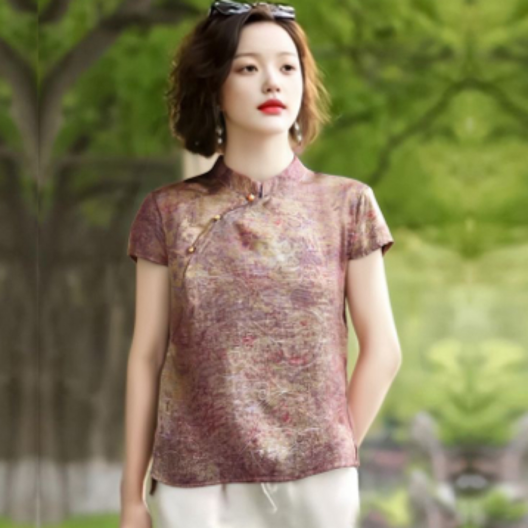 时尚洋气宽松短袖上衣胖妈妈百搭民族风衬衣新中式国风衬衫轻薄款