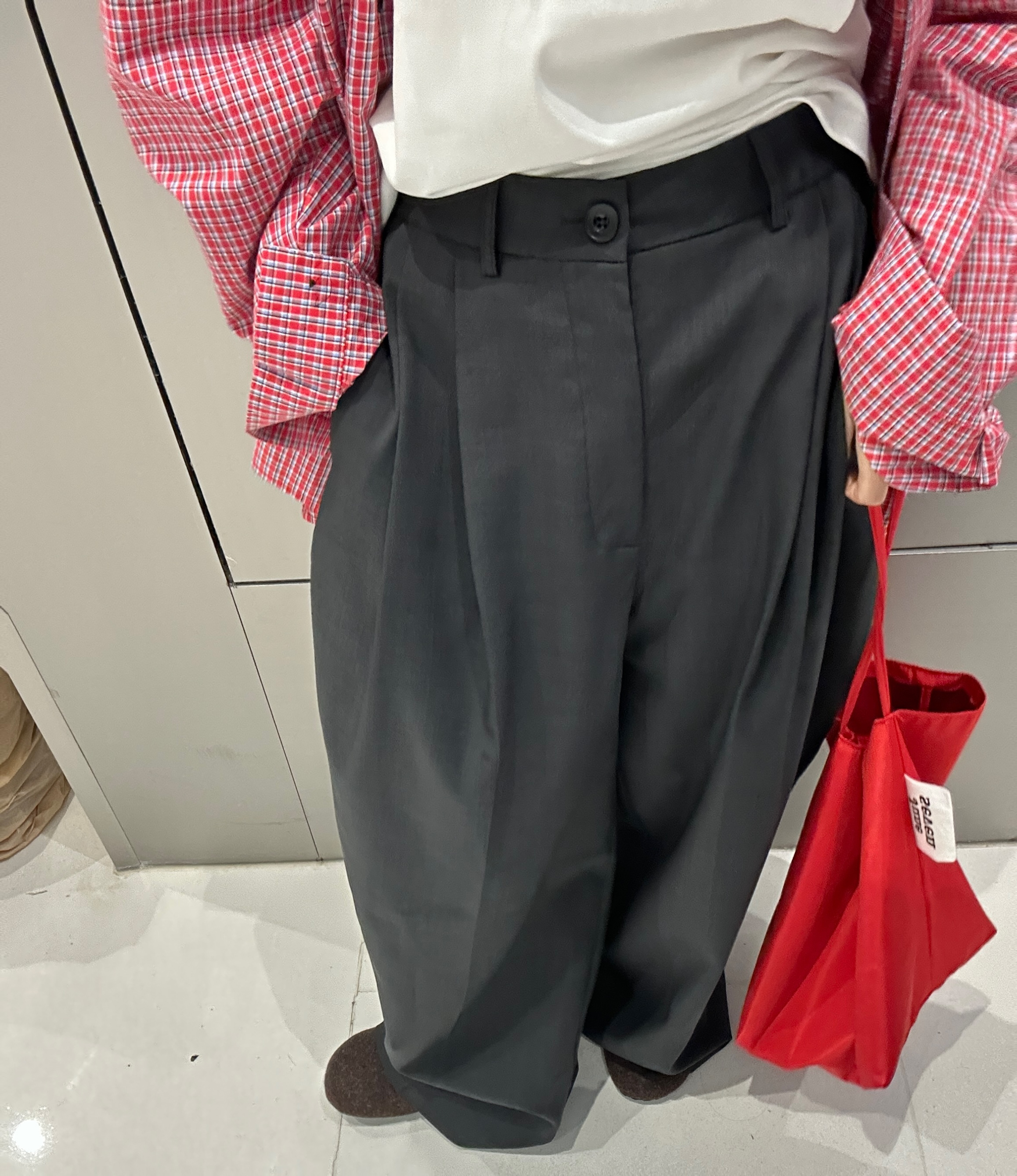 小花同学 韩版高腰松紧腰阔腿西装裤