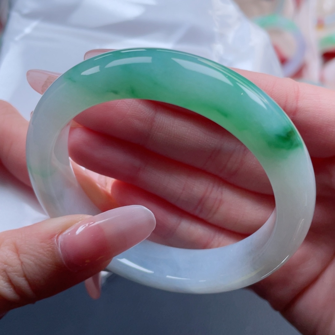 未镶嵌手镯翡翠54.0阳绿山水镯 新货上新 完美 44号