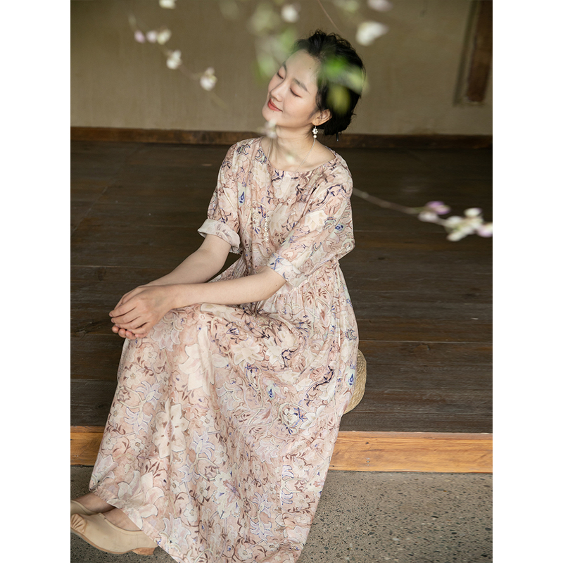 牧衣原创 丝棉印染连衣裙女夏新款宽松东方温柔气质长裙 梦觉