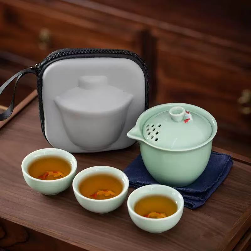 LX357青瓷小鱼便携旅行茶具