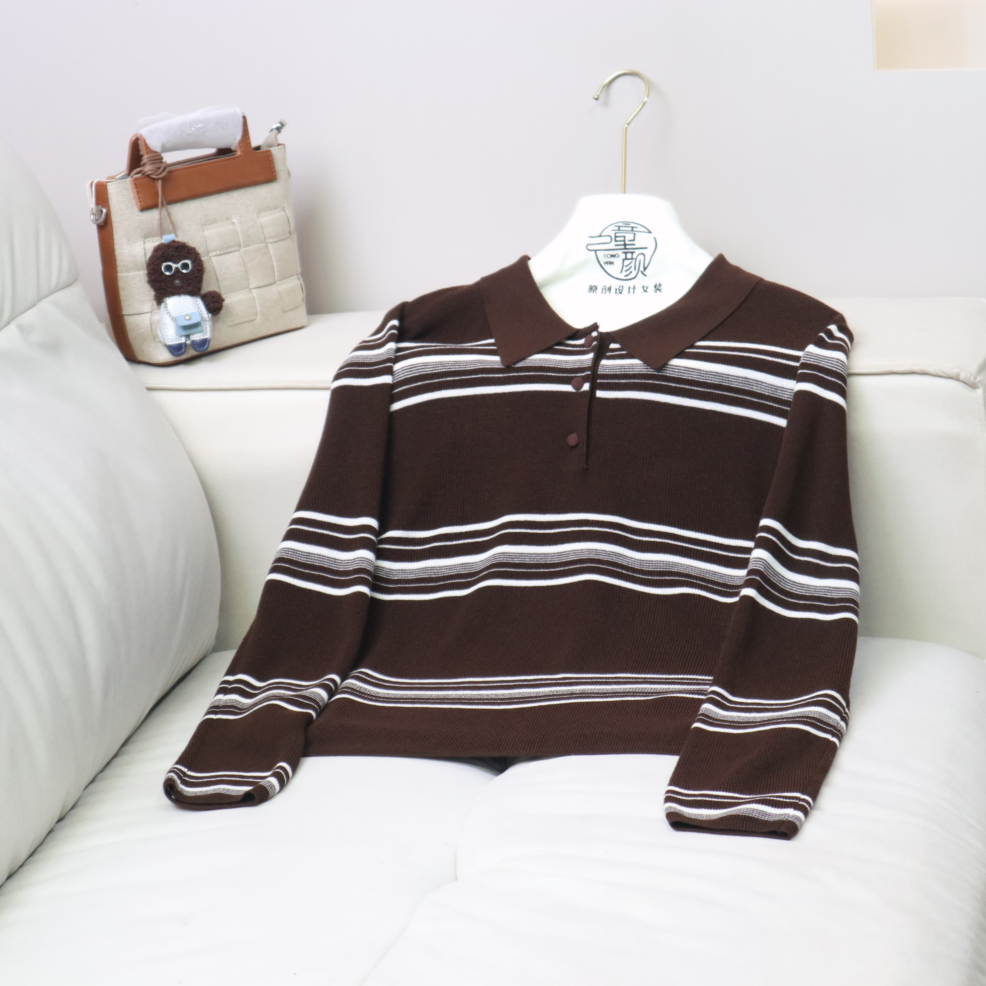 【12177】高品质原创设计深咖驼百搭条纹针织衫D