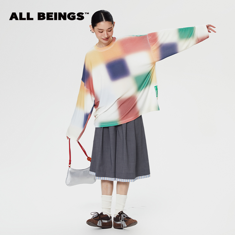 ALL BEINGS25春夏设计师新款模糊彩格轻薄长袖宽松百搭T恤