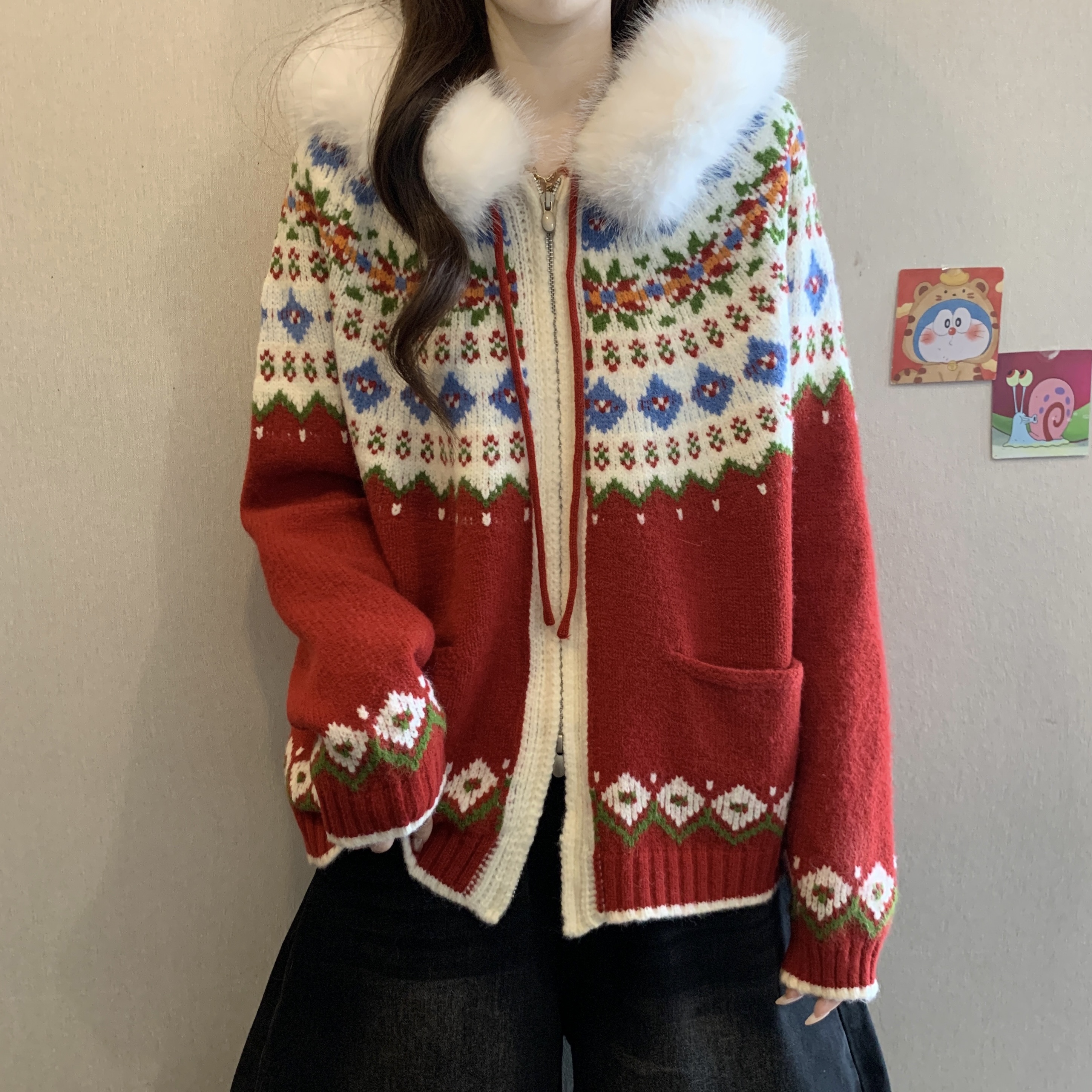 大码女装加厚费尔岛提花连帽毛衣秋冬新款胖MM慵懒风复古减龄外套