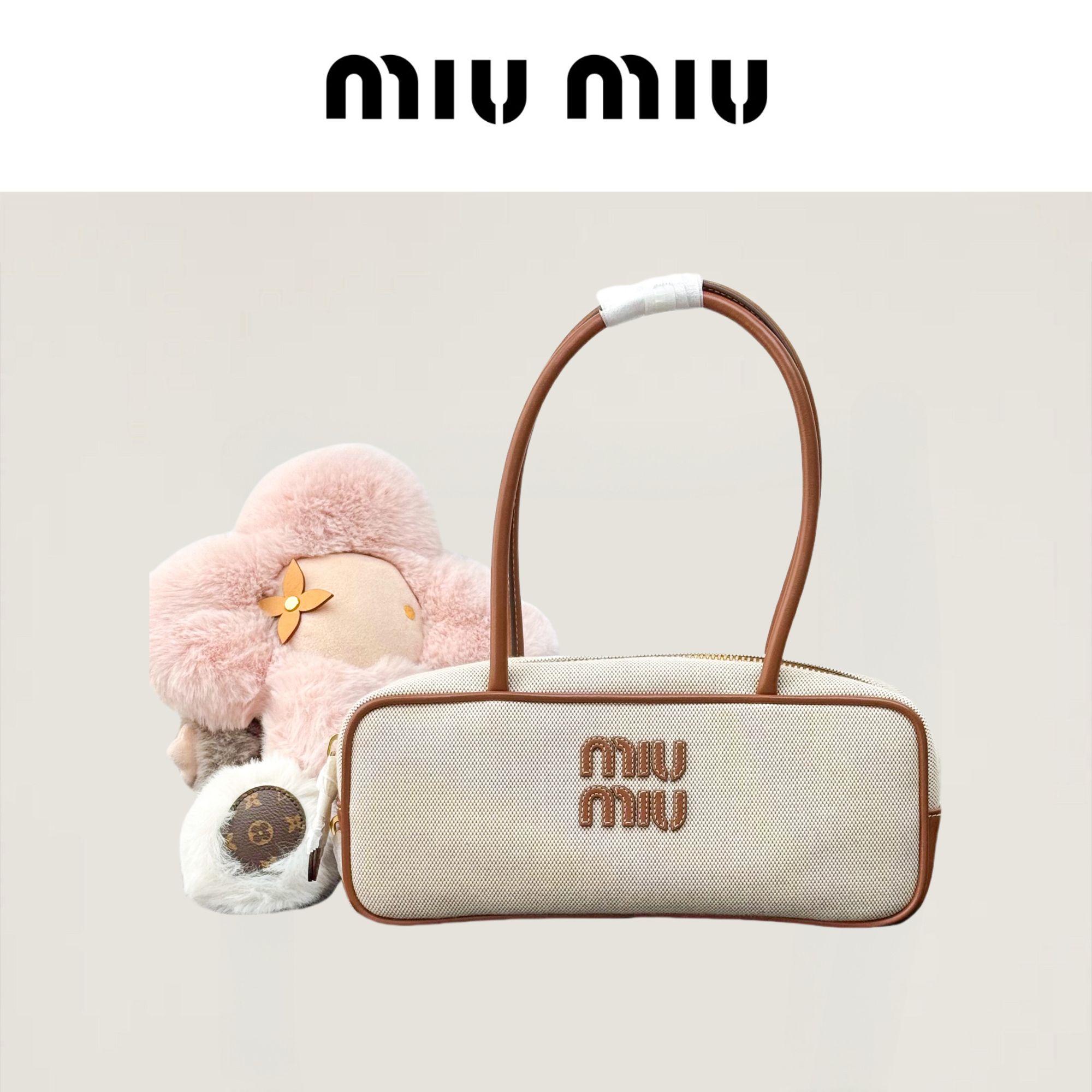 99新 MIU MIU/缪缪 米色beau帆布拼皮长柄横版公文包，保龄球包