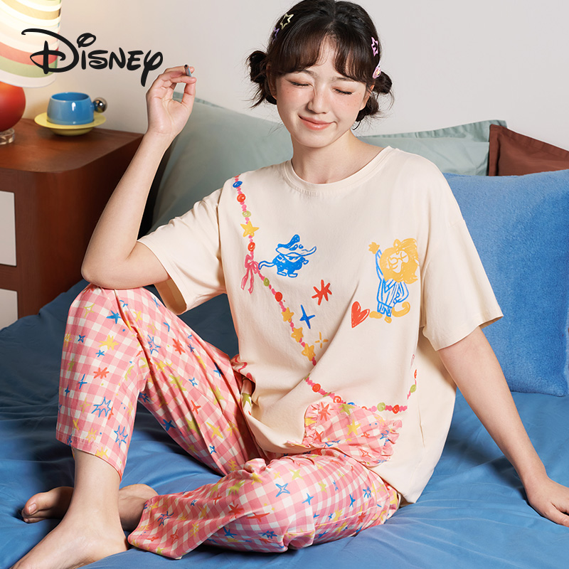 Disney/迪士尼夏季彩色多巴胺短袖可爱卡通格子女士家居服套装